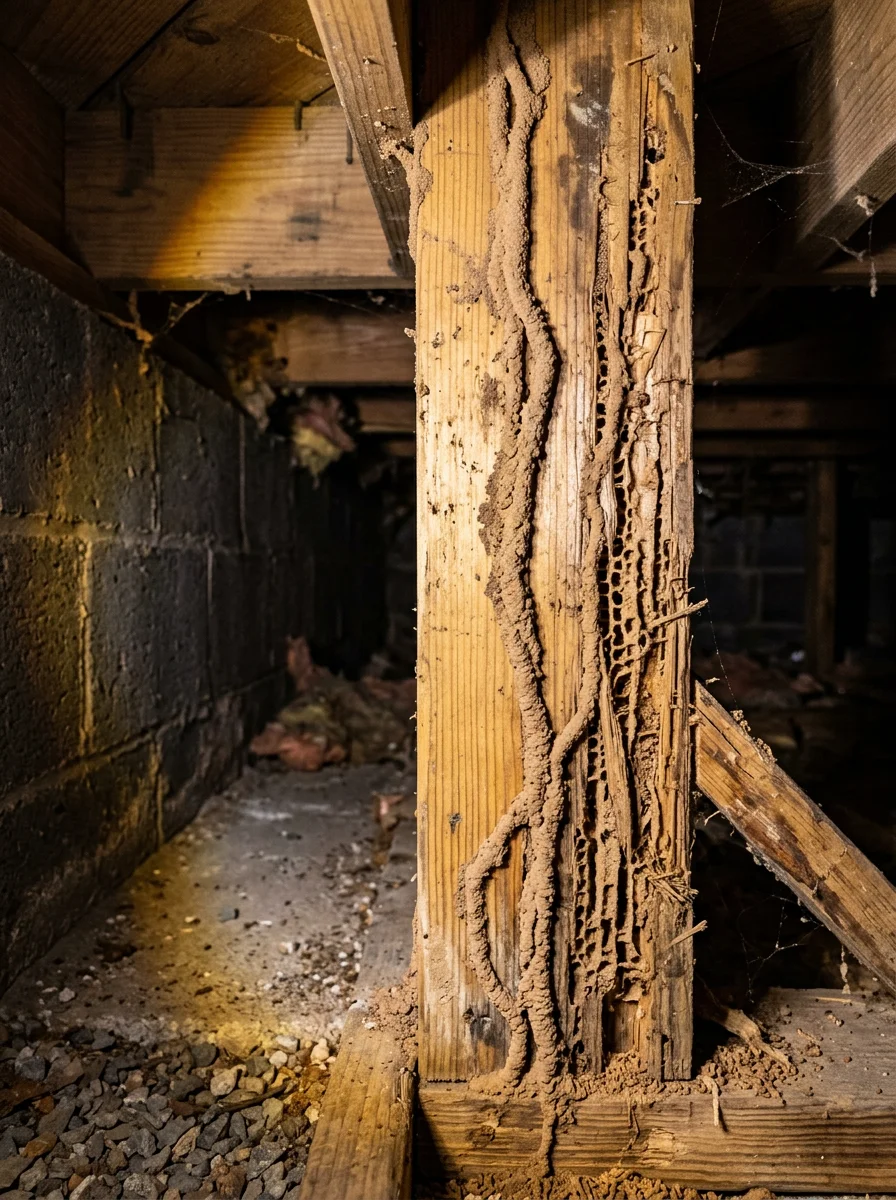 Termite mud tubes on the wood framing inside a Howard County, Maryland crawl space, with a flashlight illuminating active termite damage.