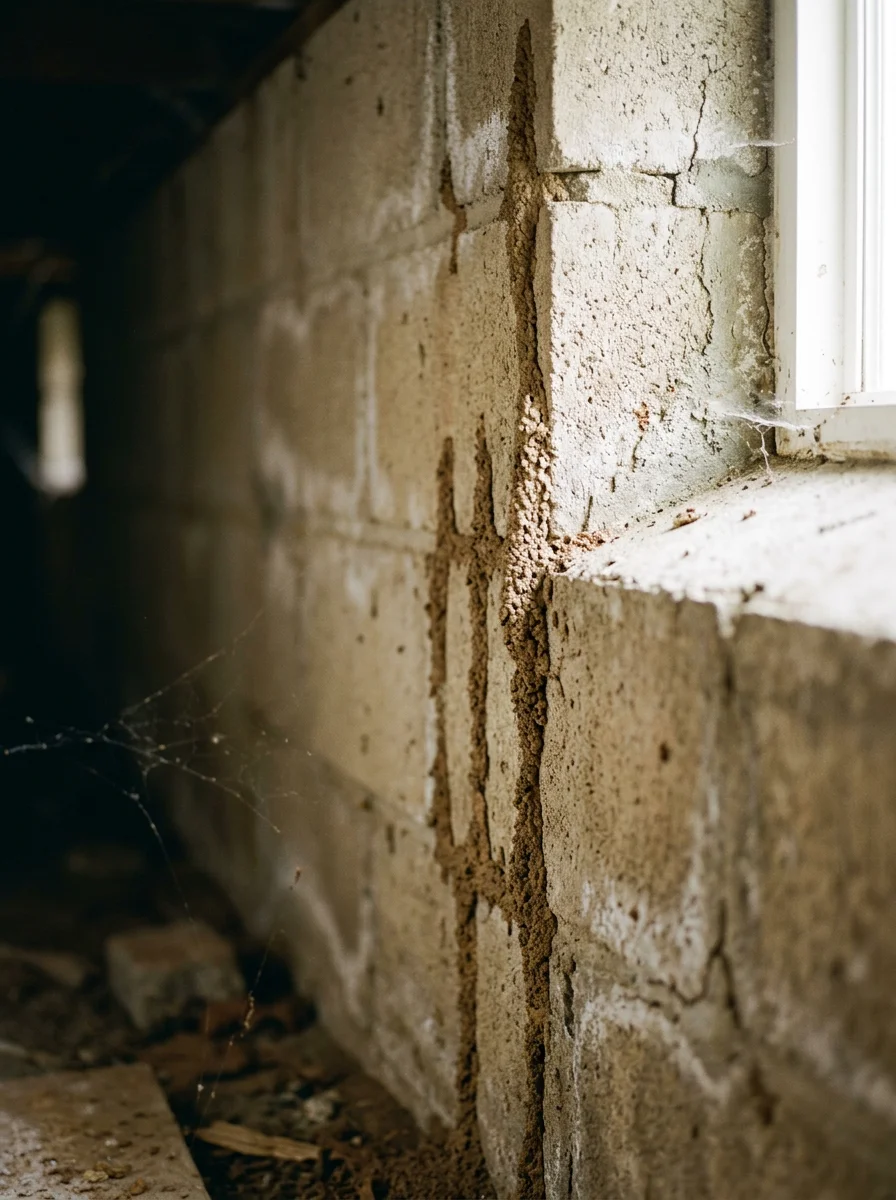 Close-up of termite mud tubes running up a concrete block foundation wall in a Bethesda, Maryland home crawl space.