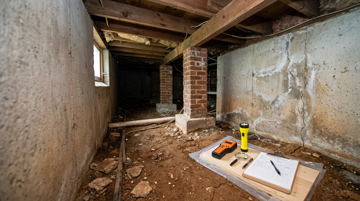 A pest control technician inspecting the crawl space foundation of a 1960s split-level home in Montgomery County, Maryland, checking for subterranean termite mud tubes.