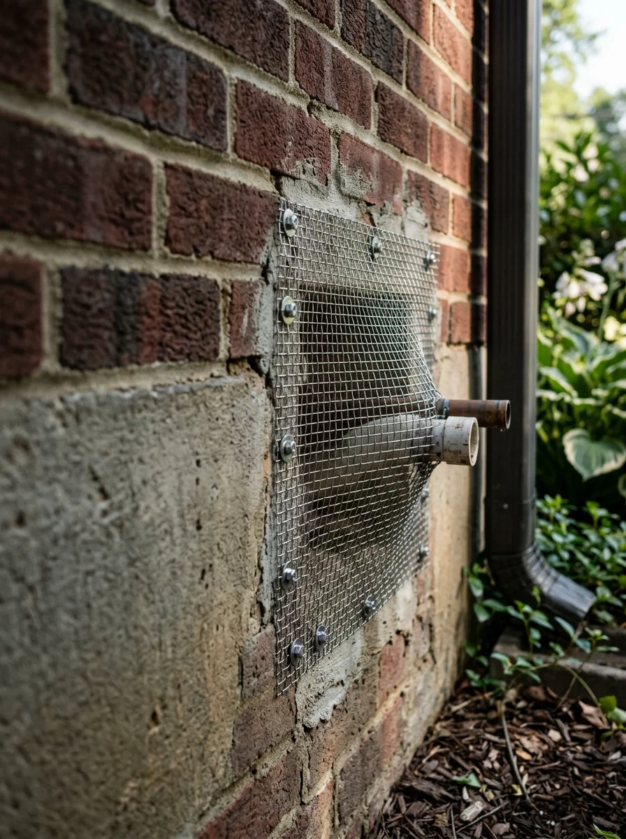 Rodent exclusion work being performed on the block foundation of a 1960s home in Fairfax County, Virginia, with steel mesh being installed over a utility penetration.