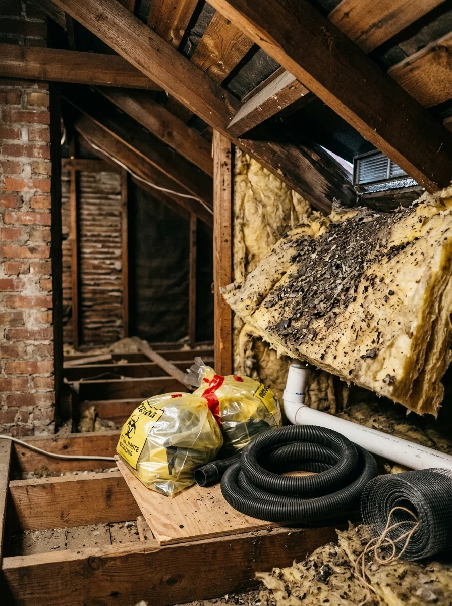 Interior view of a DC rowhouse attic showing bat guano accumulation on insulation near a soffit gap, with a technician preparing for bat exclusion and attic remediation work.
