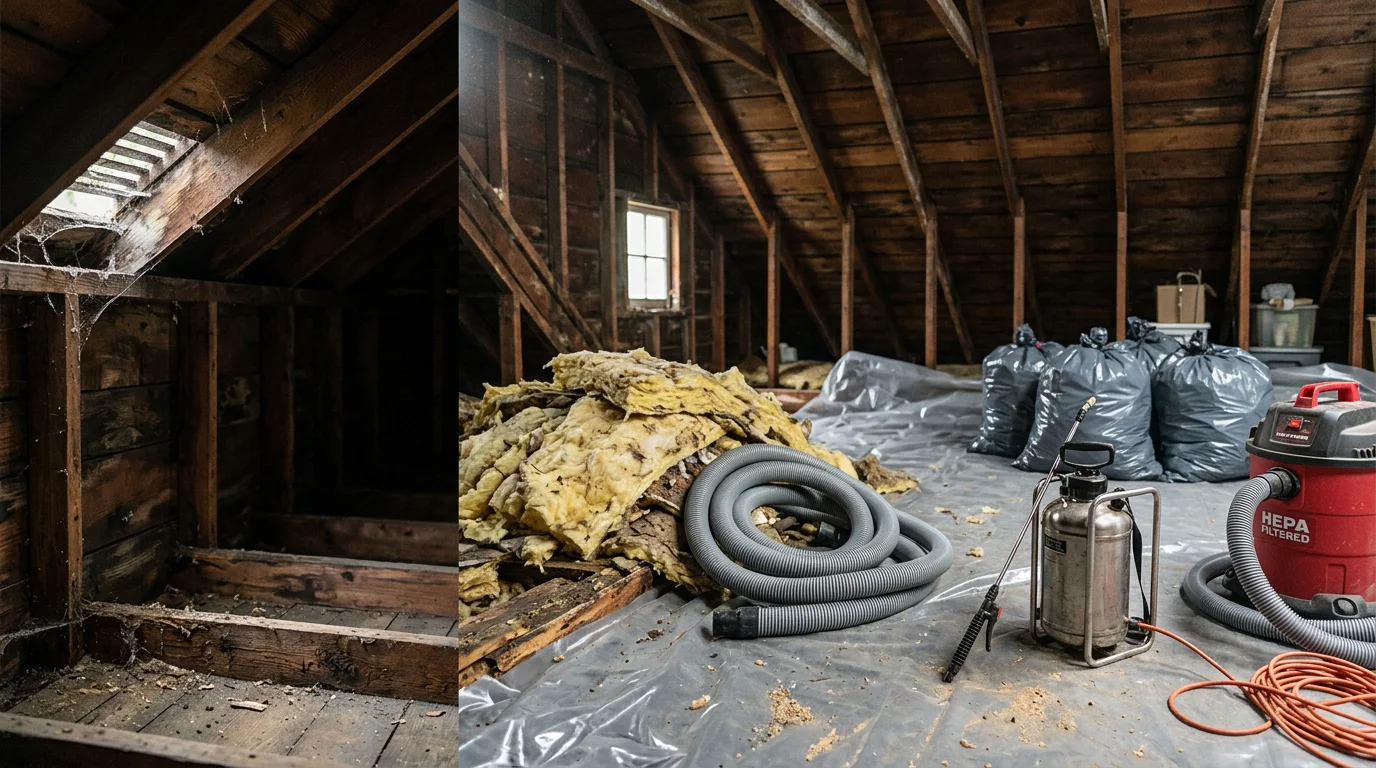 A Montgomery County attic interior showing removed contaminated insulation and cleared wildlife nesting debris on the attic floor during a professional cleanup service. A technician in protective gear works to sanitize the exposed attic space after wildlife removal.