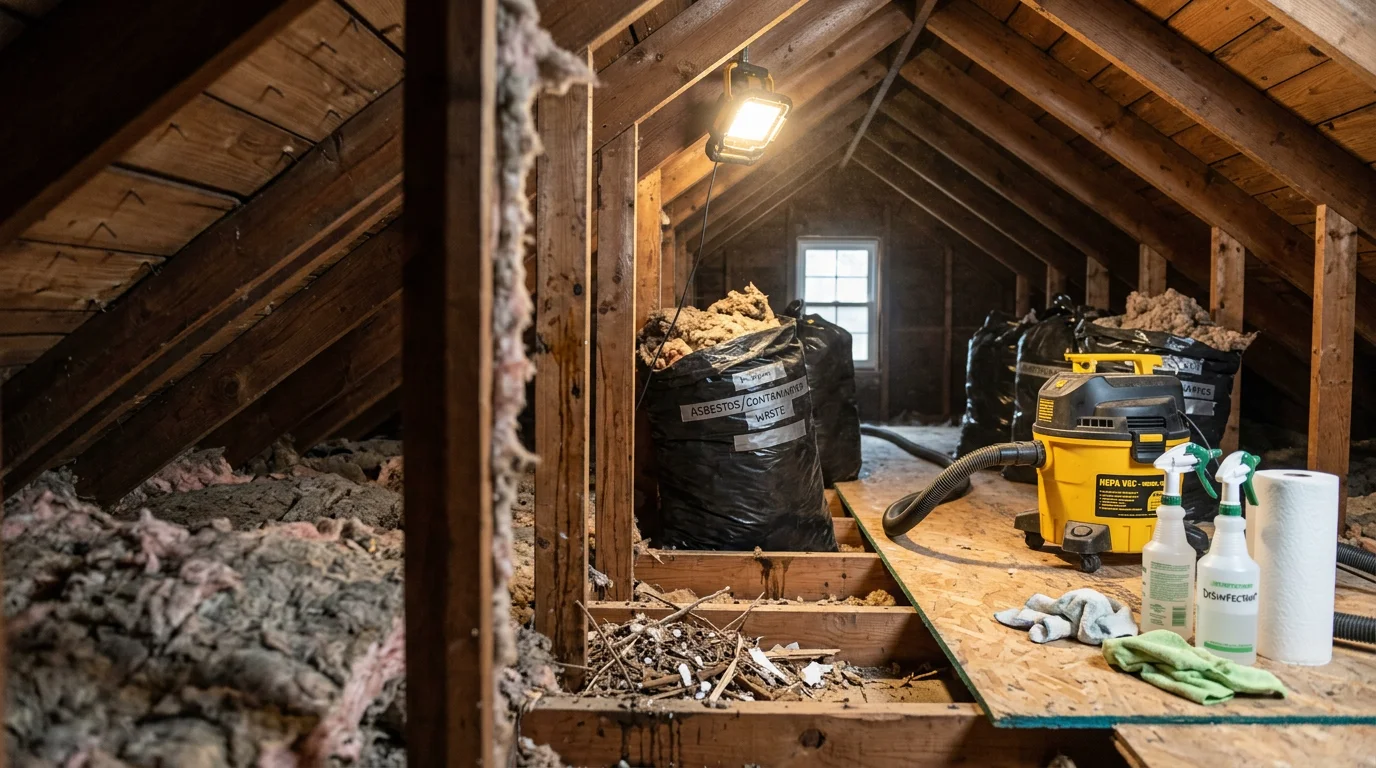 A Montgomery County attic space after professional remediation, showing clean joists and fresh insulation where wildlife contamination and nesting debris have been fully removed. The restored attic reflects the completed cleanup and decontamination process performed by Hughes Termite and Pest.
