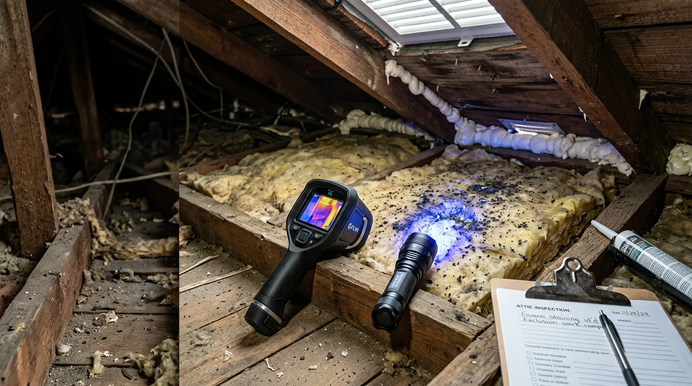 A Montgomery County attic interior showing a sealed roofline vent and inspected rafter area after professional bat control service. A Hughes Termite and Pest technician examines a gap along the gable where bats had been entering the home.