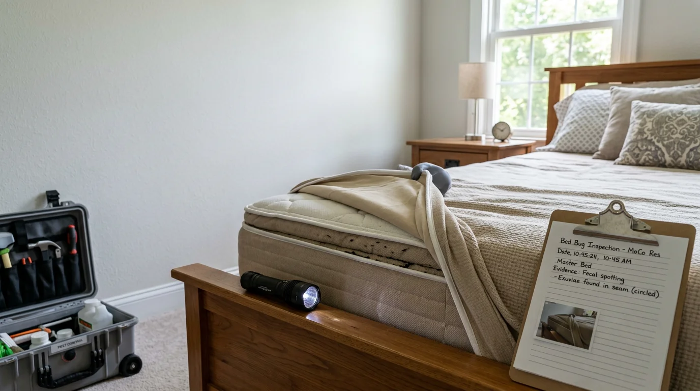 A pest control technician inspecting a mattress seam for bed bugs in a Montgomery County home. Close-up view showing a detailed room inspection as part of a professional bed bug control service.