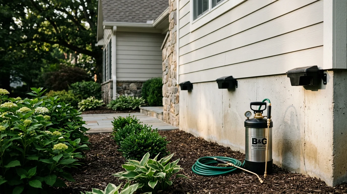 A pest control technician inspecting the exterior foundation of a suburban home in Montgomery County, Maryland. The technician examines a gap along the base of the siding where ants and other insects commonly enter.