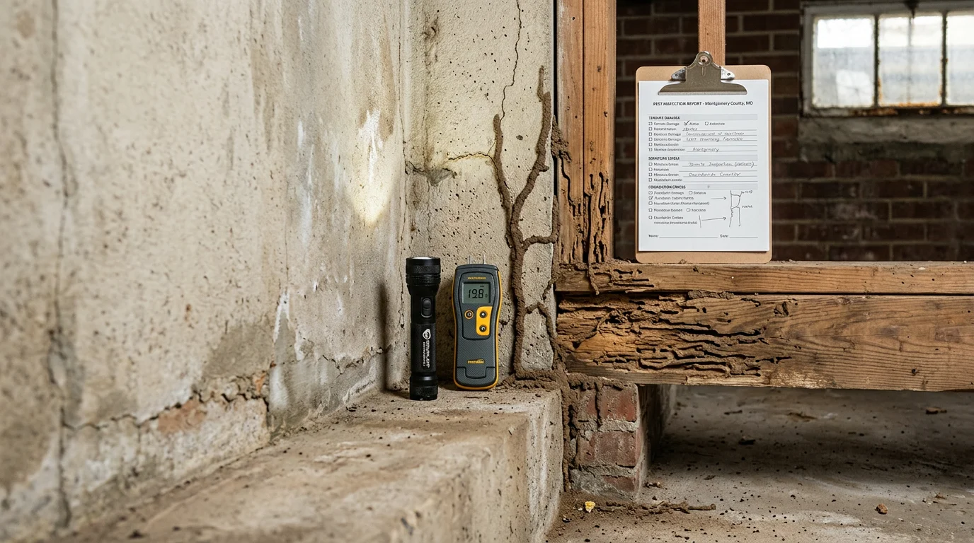 A pest control inspector examining the crawl space and foundation of a residential home in Montgomery County, Maryland. The inspector checks structural areas for signs of termite activity, moisture damage, and pest entry points.
