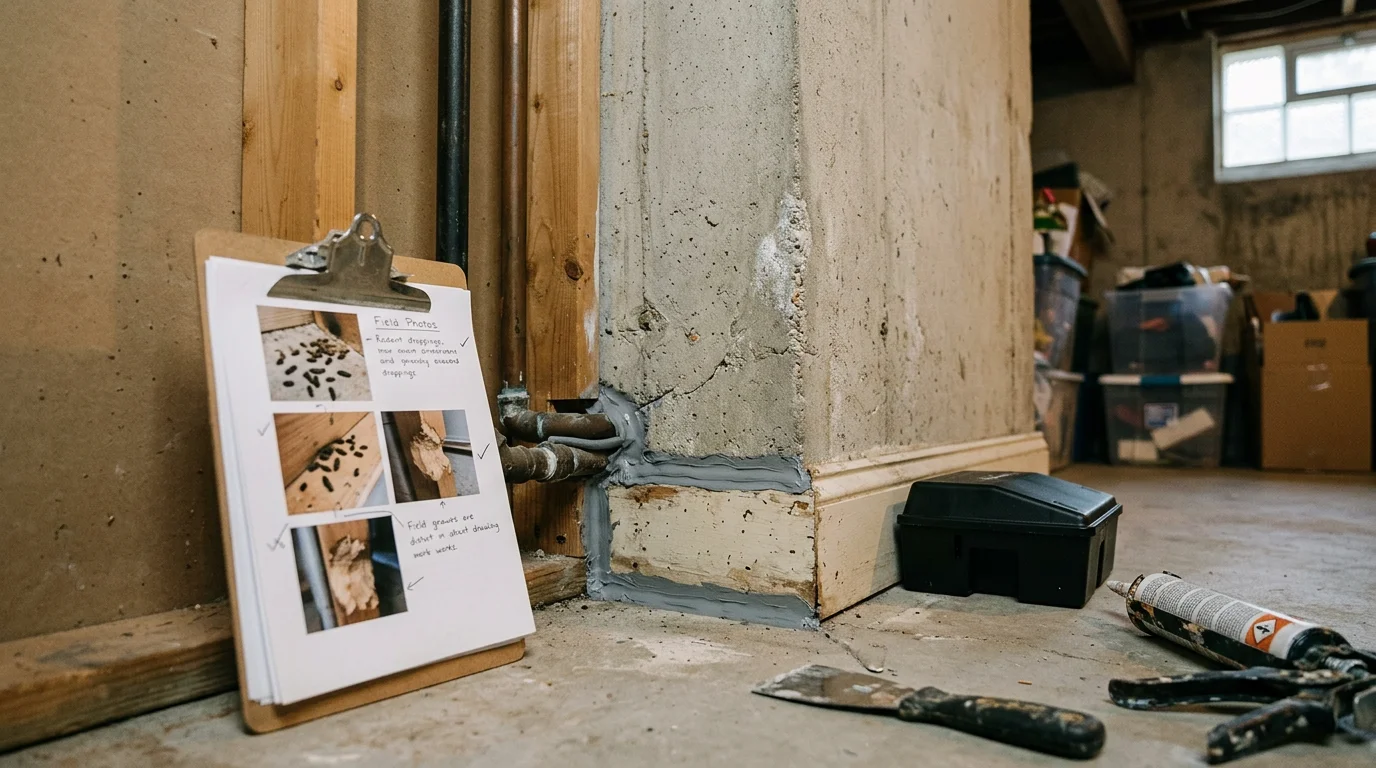 A pest control technician from Hughes Termite and Pest inspecting a basement entry point for rodent activity in a Montgomery County home. Close-up view of a sealed foundation gap after a professional rodent exclusion service.