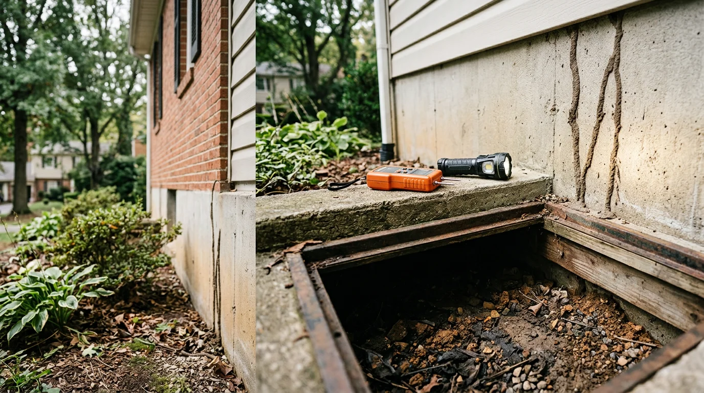 A pest control technician inspecting the foundation and crawl space of a residential home in Montgomery County for signs of subterranean termite activity. Mud tubes are visible along the concrete block foundation wall.