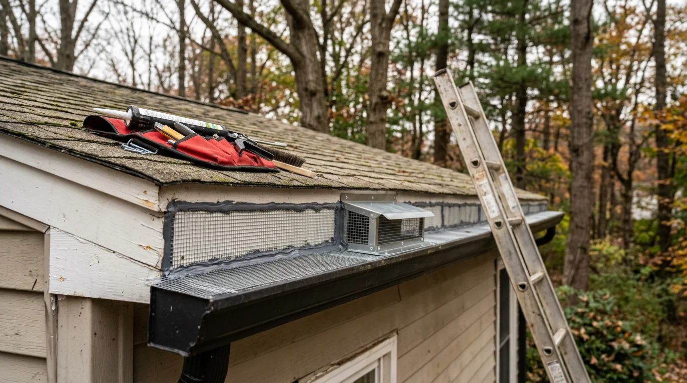 A pest control technician from Hughes Termite and Pest inspecting and sealing a roofline entry point on a residential home in Montgomery County. Close-up view of sealed soffit and vent area showing completed wildlife exclusion work.